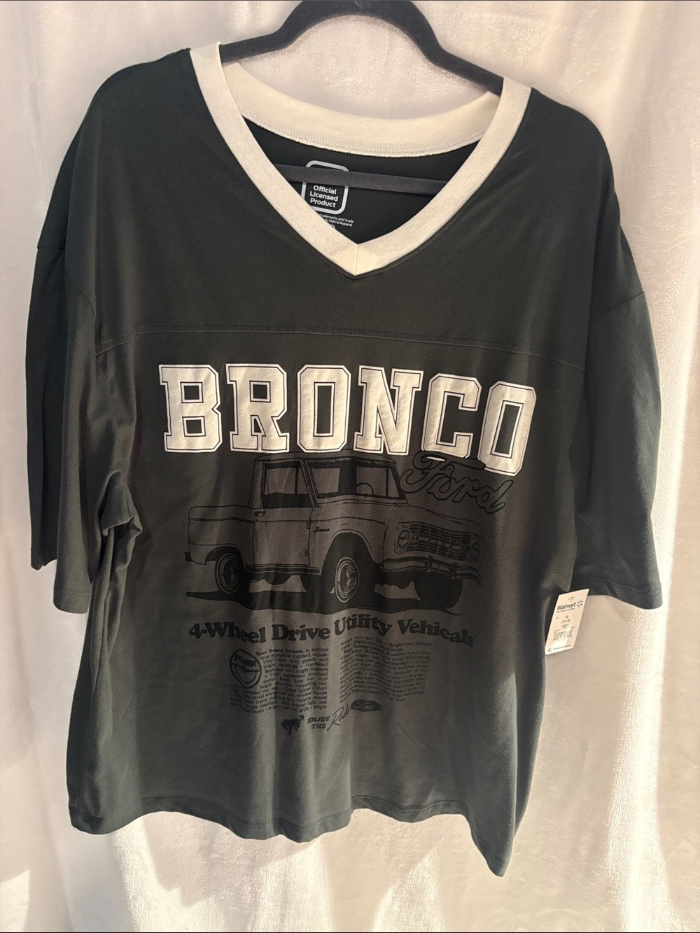 Ford Bronco Graphic V-Neck Tee in Dark Green with White Trim